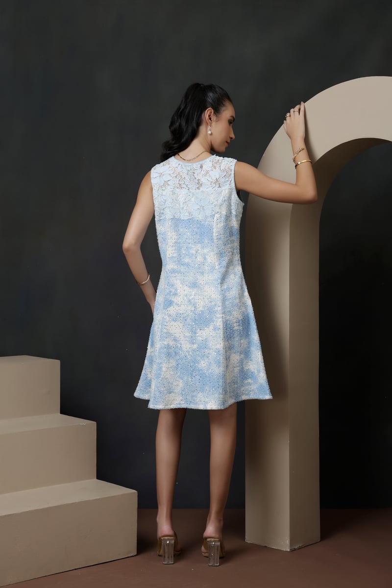 Light Blue Tie-Dye Denim Fit and Flare Knee-Length Dress
