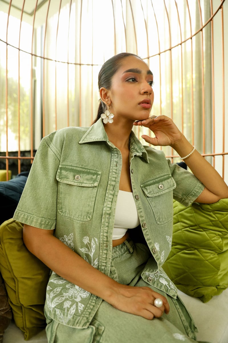 Green Cotton Twill Shirt and Cargo Pants Co-ord Set