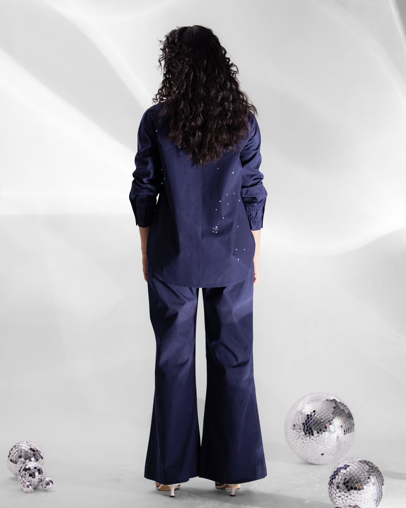Navy Blue Zip-Front Shirt and Wide-Leg Pants Co-ord Set