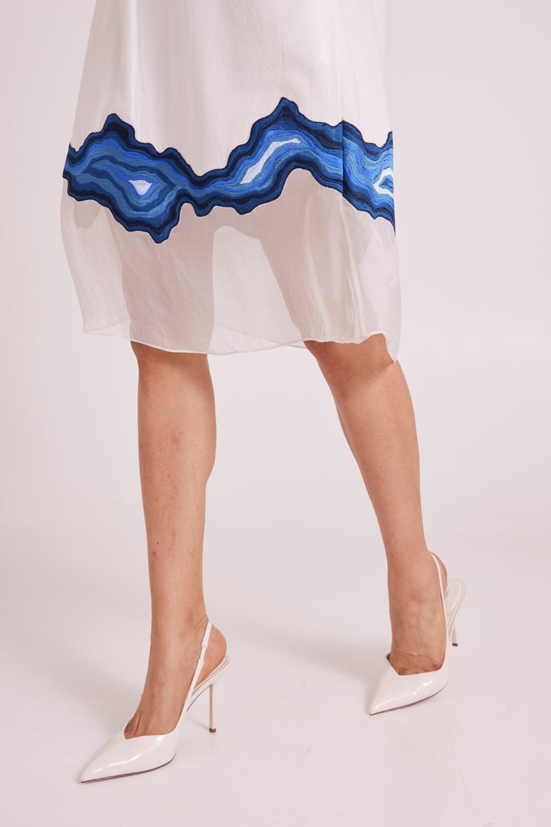 Ivory Midi Shirt Dress with Blue Hem Border