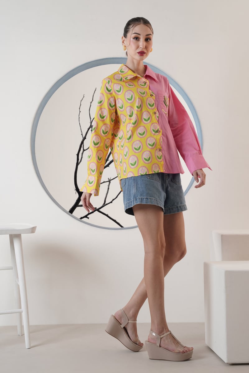 Yellow Pink Colorblock Floral Print Button-Down Shirt