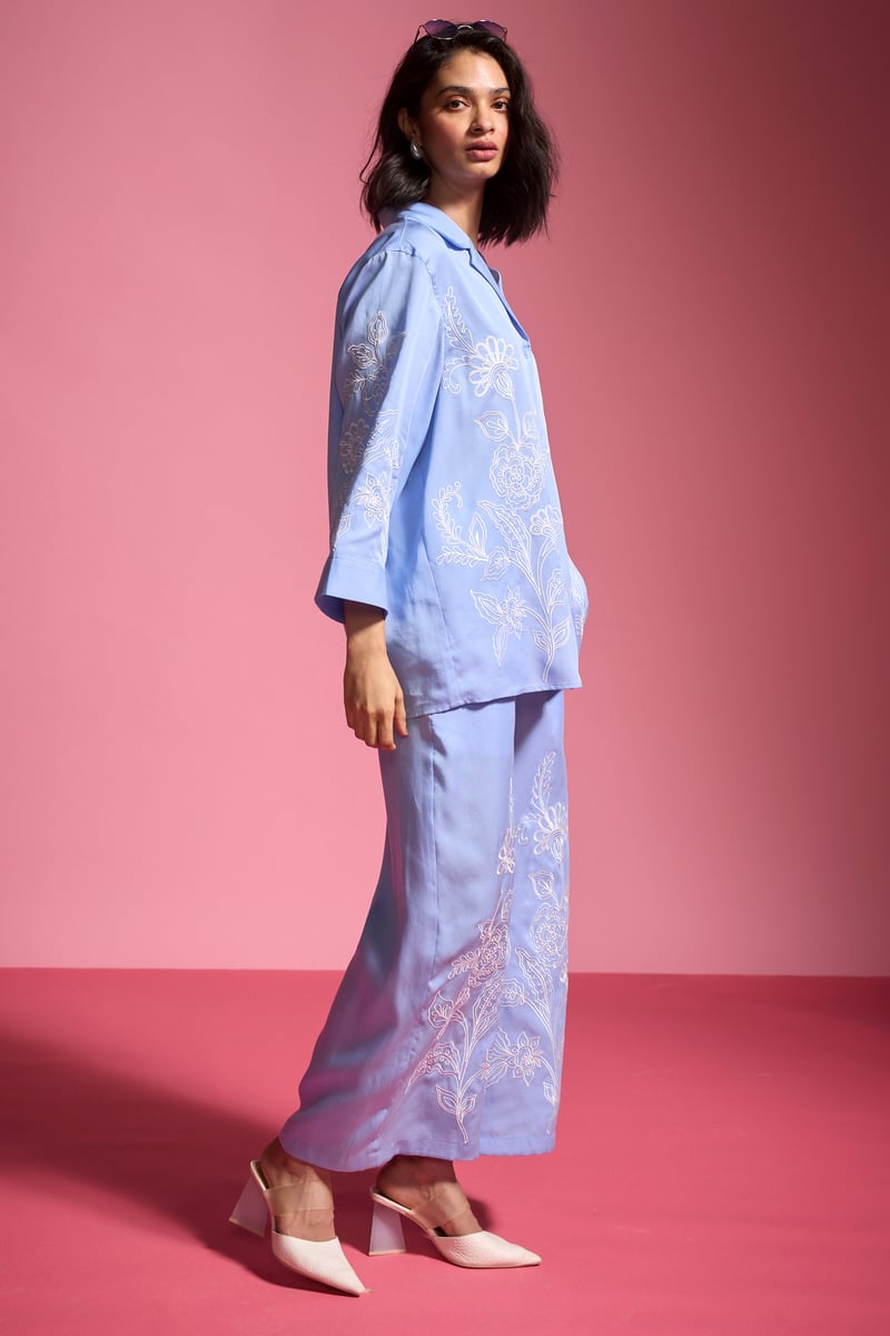 Pastel Blue Tencel Straight-Leg Embroidered Trousers