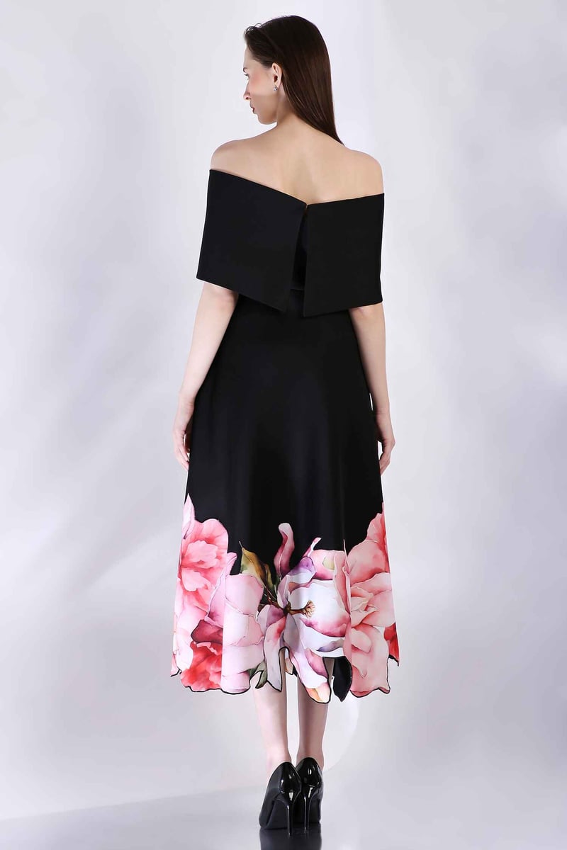 Black Off-Shoulder A-Line Midi Dress with Floral Hem