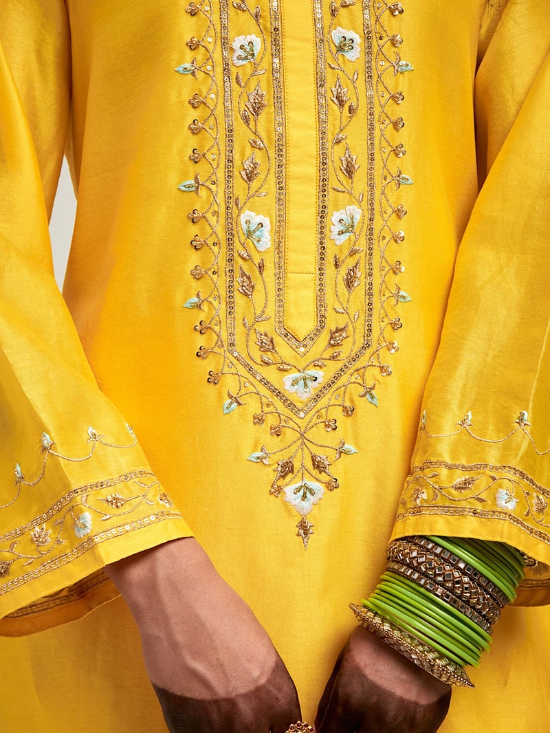 Yellow Silk Chanderi Embroidered Kurta Set with Pants