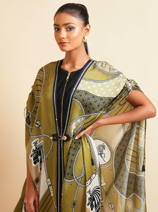 Olive Green Printed Cape Top and Pants Co-ord Set