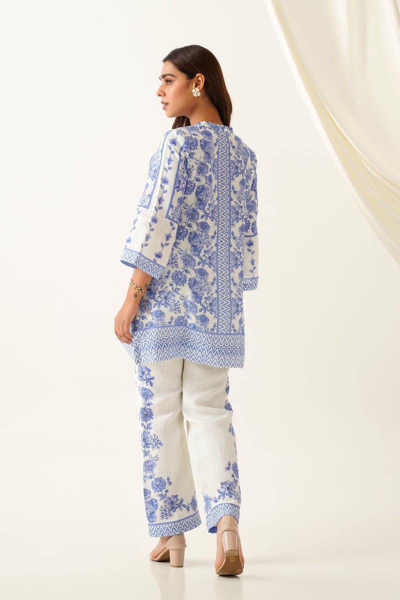 Blue and Cream Floral Printed Linen Co-ord Set