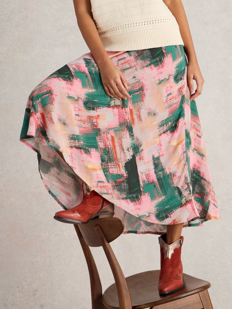 Pink Abstract Printed Bias-Cut Maxi Skirt