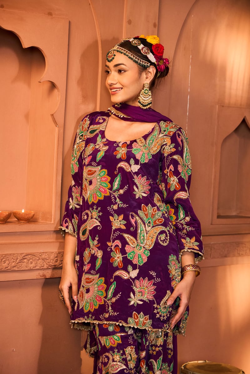 Purple Embroidered Kurta Sharara Set with Dupatta