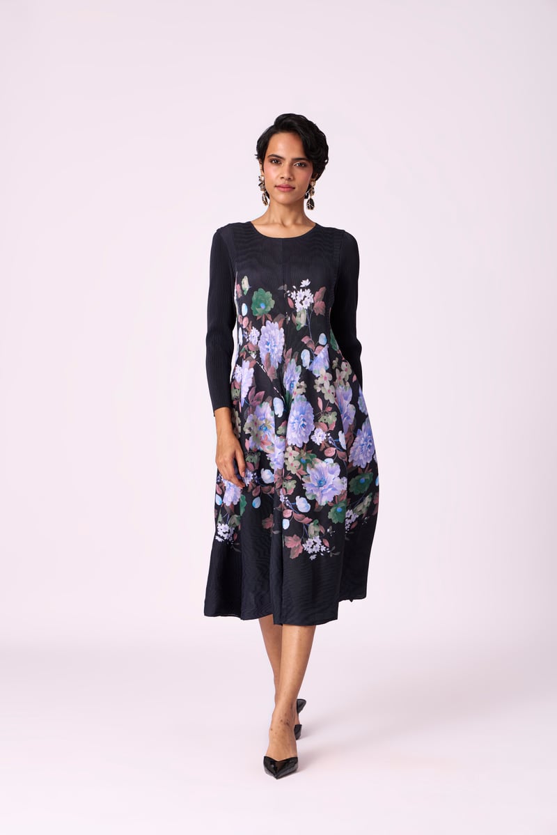 Black Floral Pleated Fit and Flare Midi Dress
