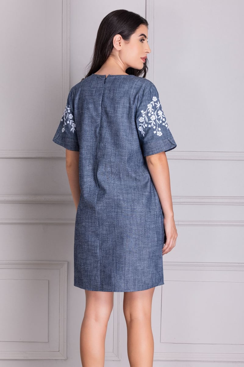 Blue Denim Embroidered Yoke Mini Dress
