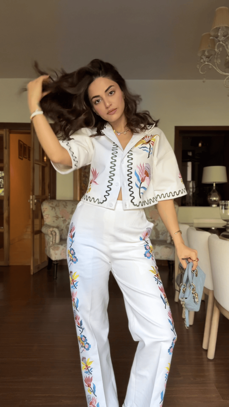 White Denim Embroidered Co-ord Set with Crop Jacket
