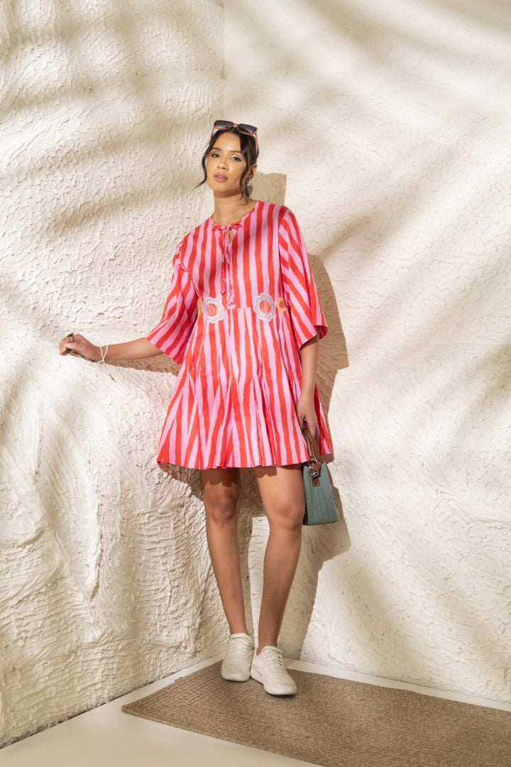 Pink and Red Striped Smock Mini Dress with Tie-Up Neck
