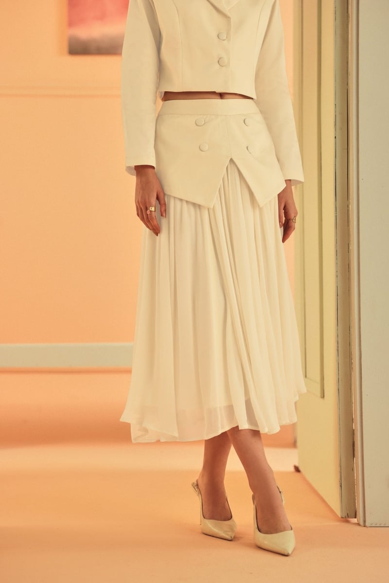 Ivory High-Waist Pleated Midi Skirt