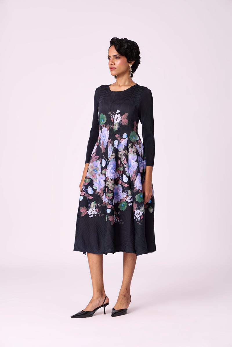 Black Floral Pleated Fit and Flare Midi Dress