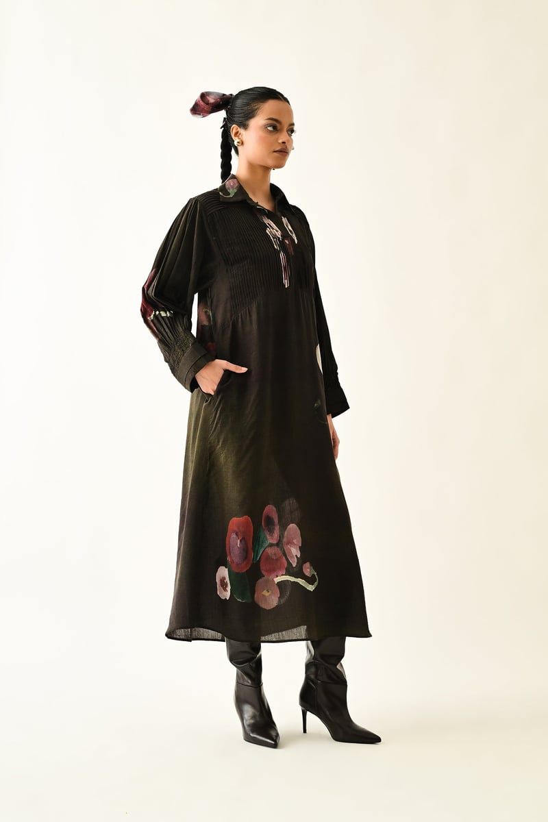 Brown Abstract Floral A-Line Midi Shirt Dress