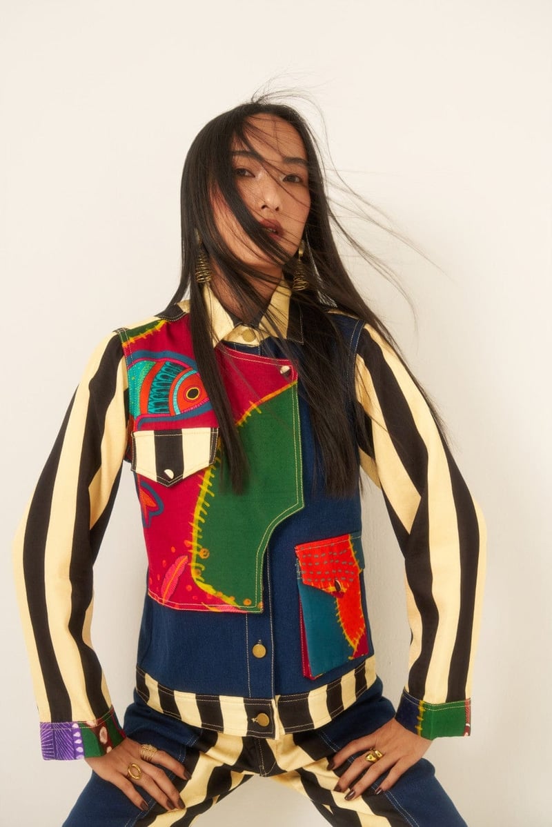 Multicolor Patchwork Denim Jacket with Striped Sleeves