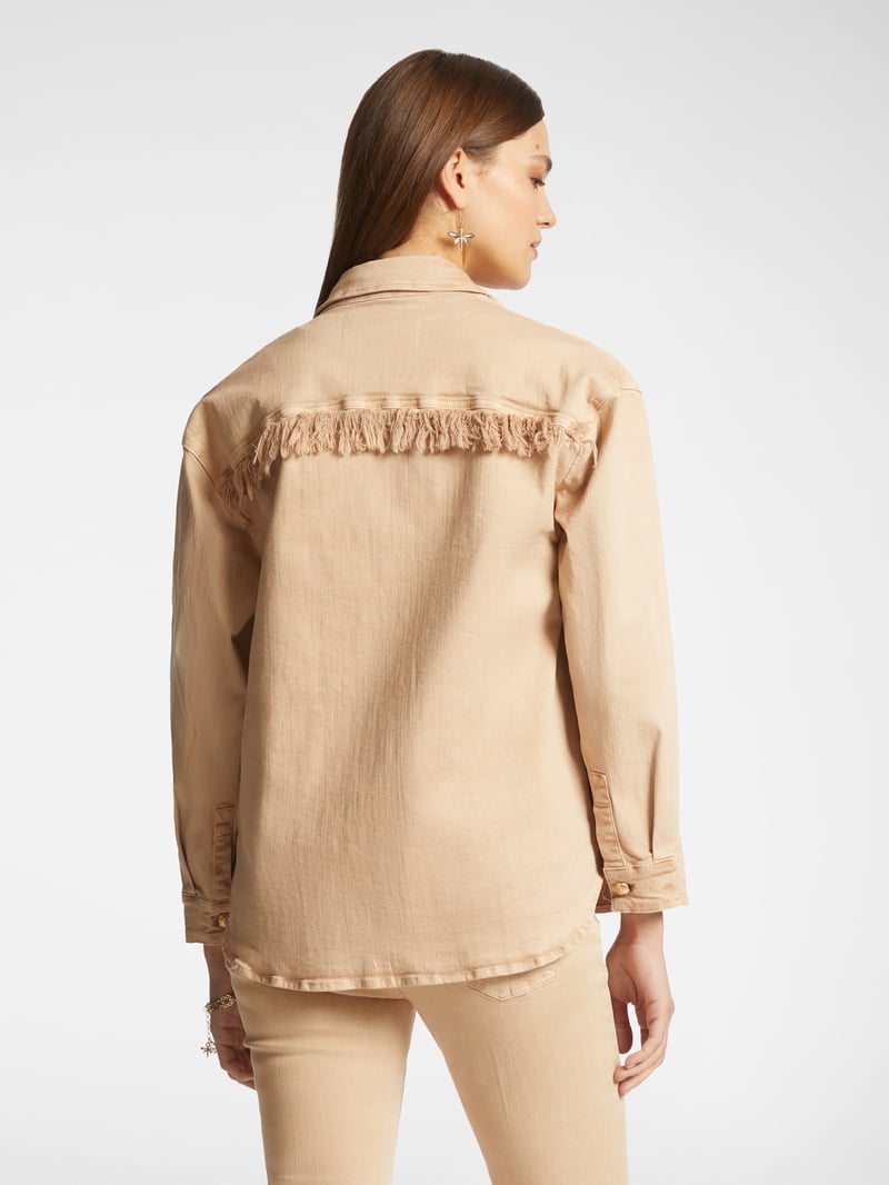Beige Utility Button-Down Shirt with Frayed Pockets