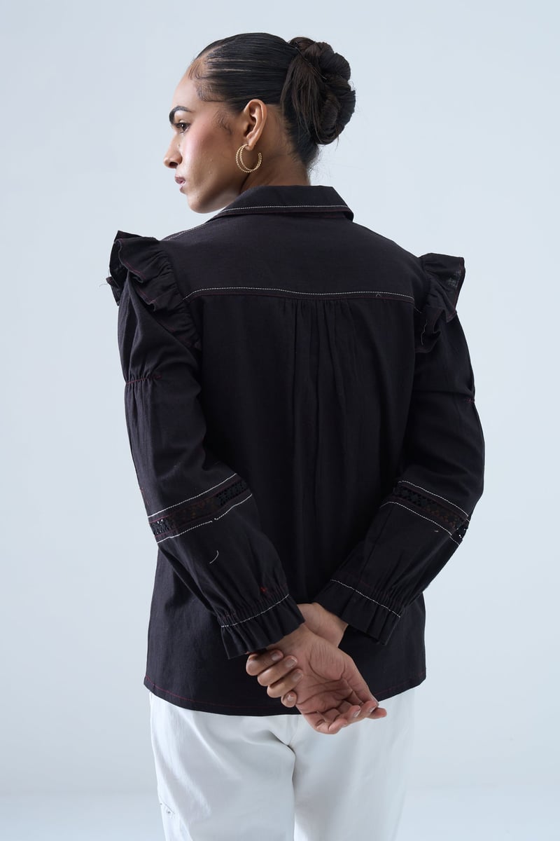Black Embroidered Ruffle-Shoulder Cotton Flex Shirt