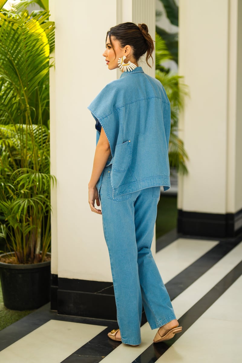 Blue Denim Embroidered Co-ord Set with Zip-Front Top