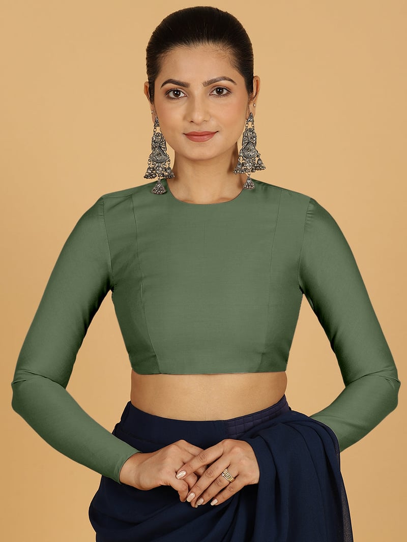Hunter Green Full Sleeve Round Neck Saree Blouse