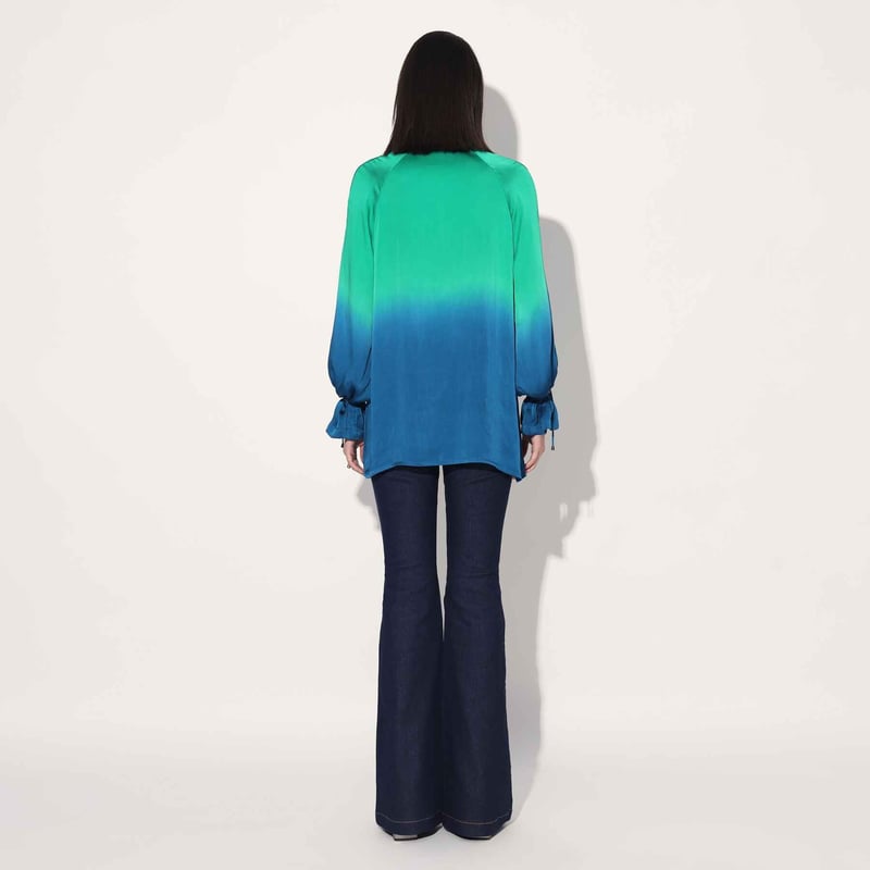 Blue/Green Ombre Viscose Satin Tie-Up Neck Longline Top