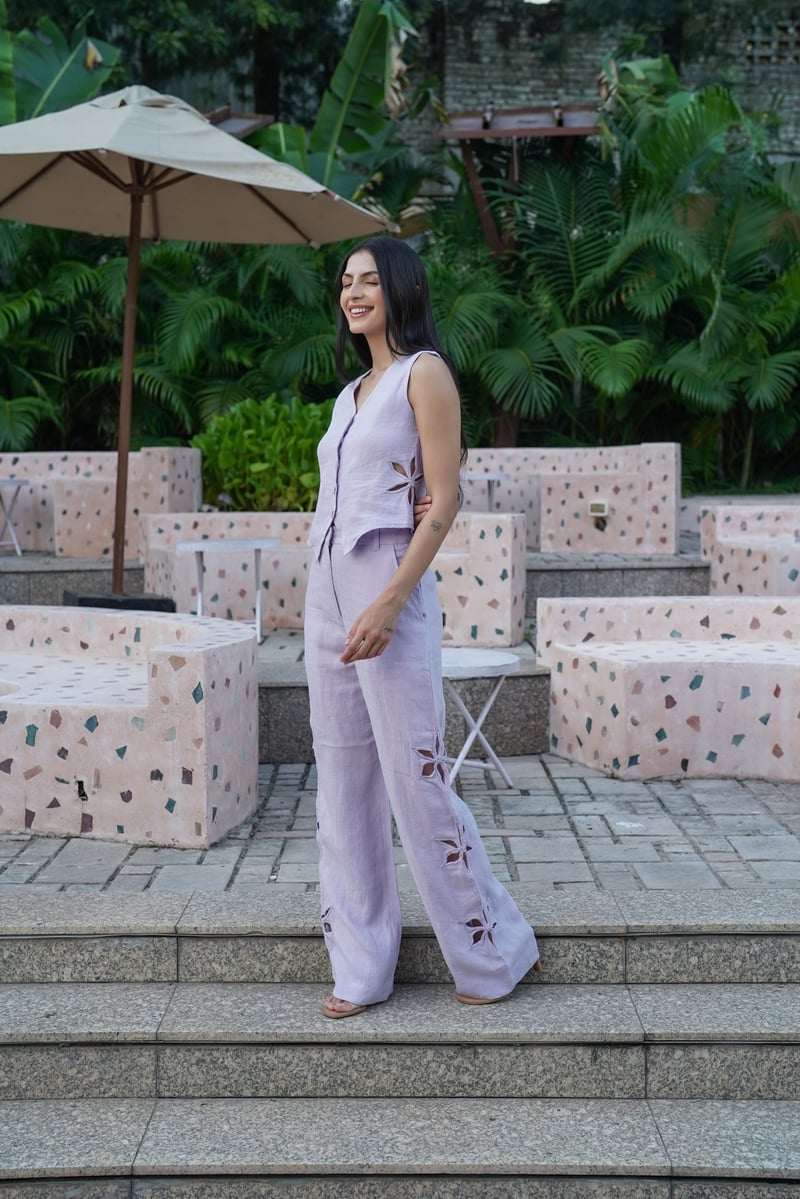 Lilac Linen Button-Front Vest Top with Side Cutwork