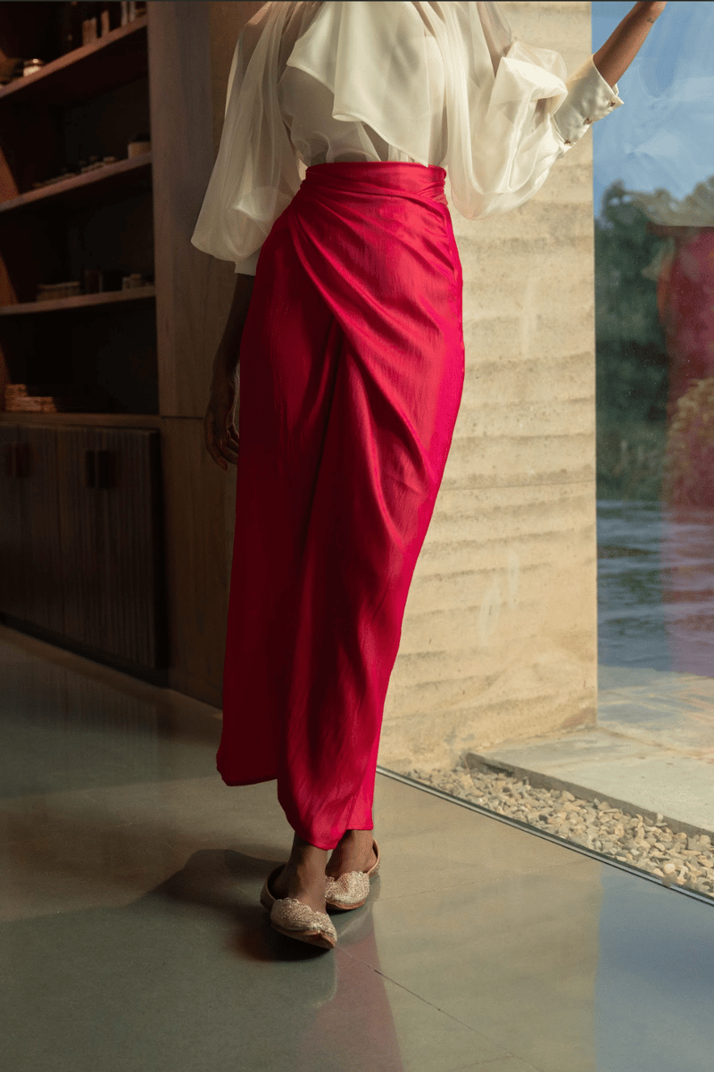 Raspberry Pink Glossy Midi Wrap Skirt with Back Tie-Up