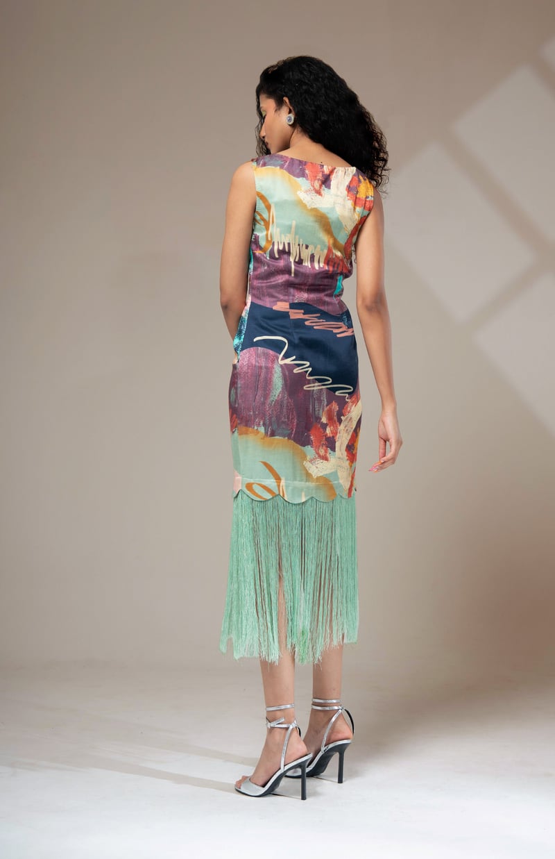 Multicolor Abstract Print Fringe Hem Satin Midi Dress