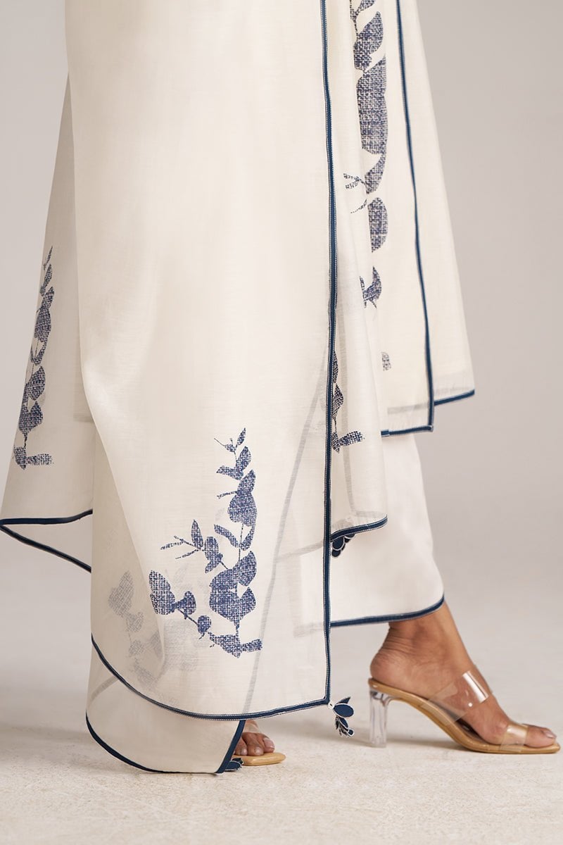 Ivory and Navy Printed Angrakha Chanderi Kurta Set