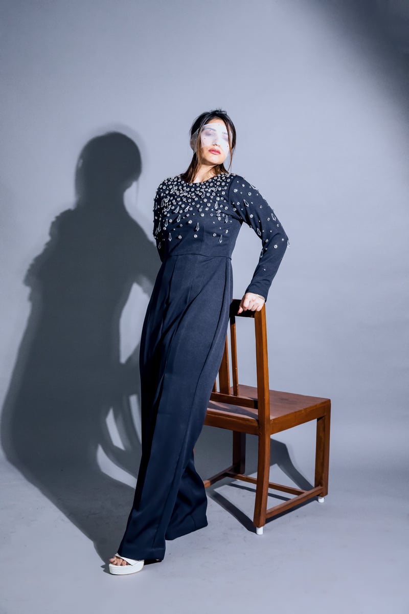 Blue Crystal-Embellished Wide-Leg Jumpsuit