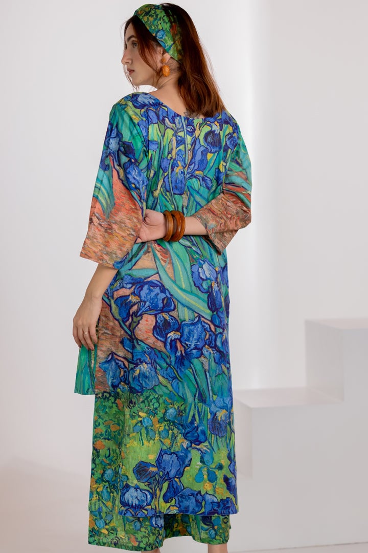 Aqua Blue Floral Printed A-Line Kurta and Pants Set