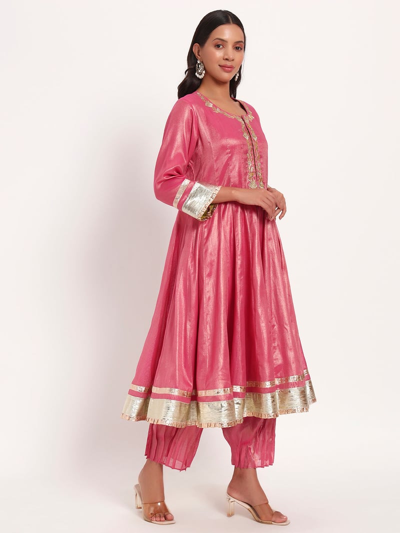 Rose Pink Cotton Tissue Anarkali Kurta Set with Dupatta