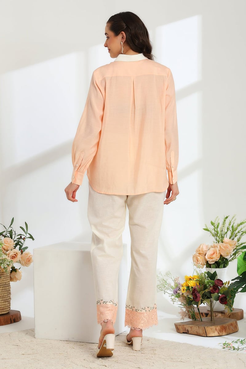 Florea Peach Hand Embroidered French Lace Silk Linen Co-Ord Set