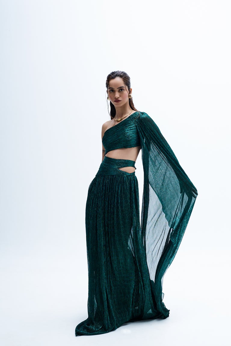 Green One-Shoulder Metallic Maxi Gown with Draped Sleeve