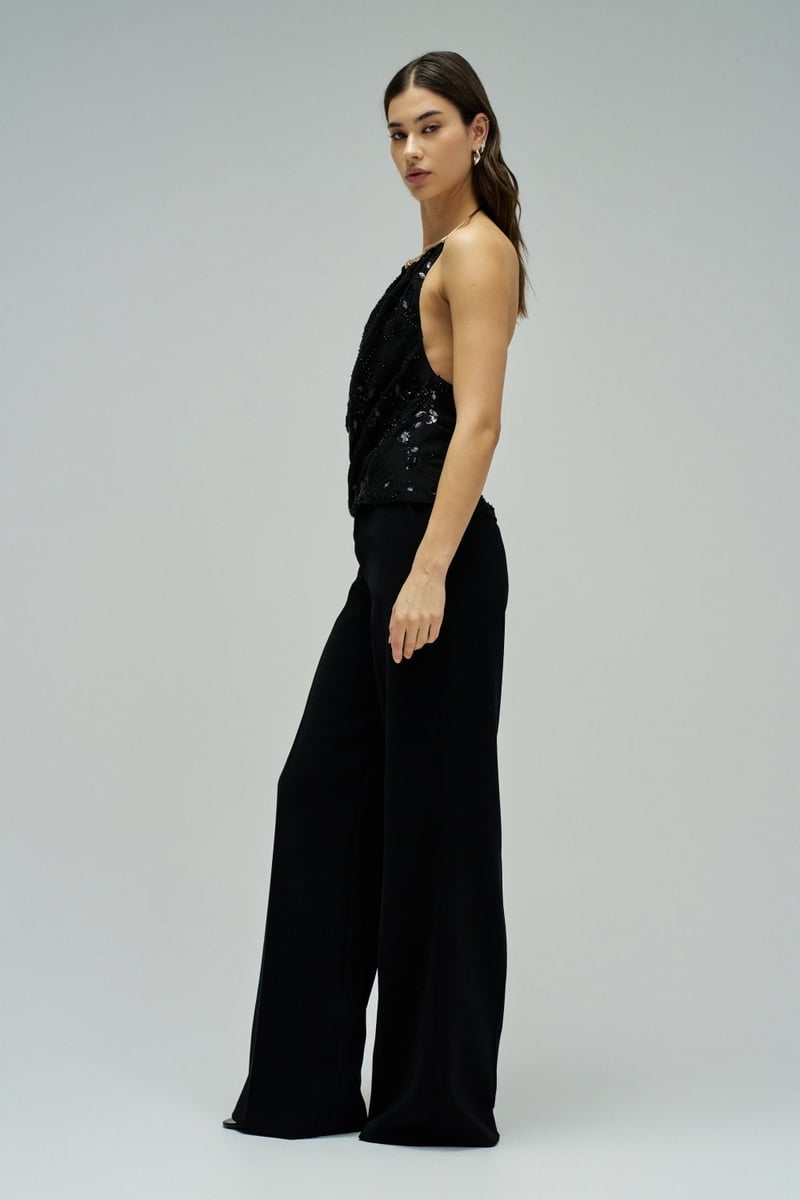 Black Sequin Halter Top with Metallic Neck Detail