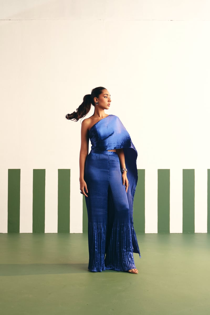 Cobalt Blue One-Shoulder Pleated Satin Drape Jumpsuit