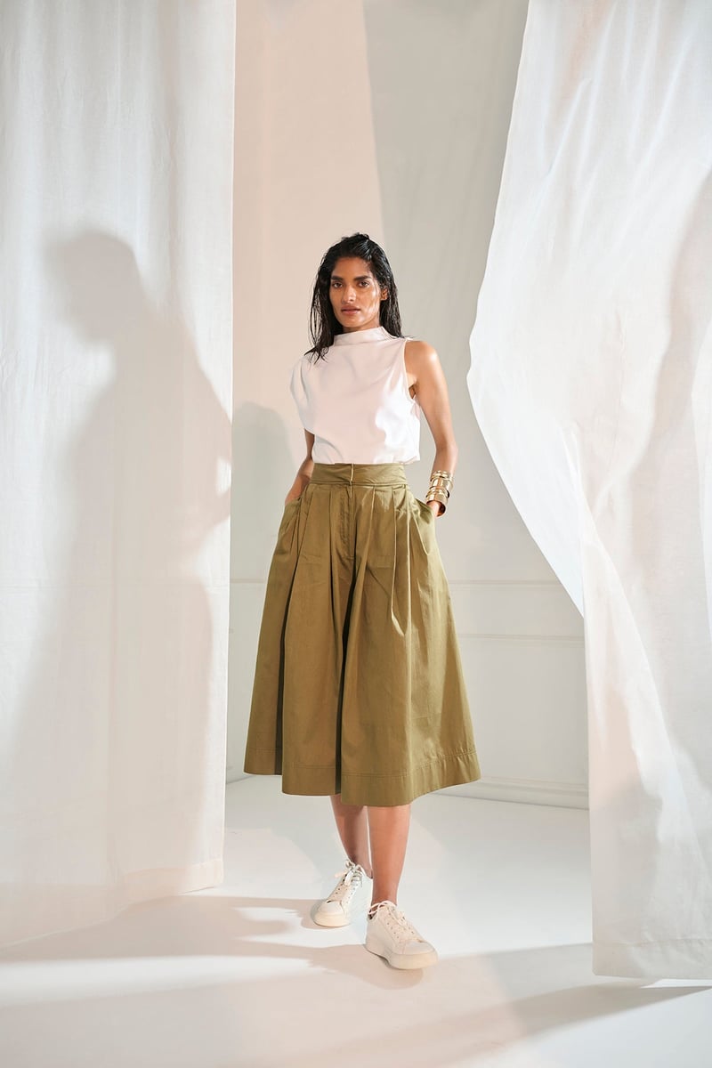 Olive Green High-Rise Pleated Culotte Skirt Pants