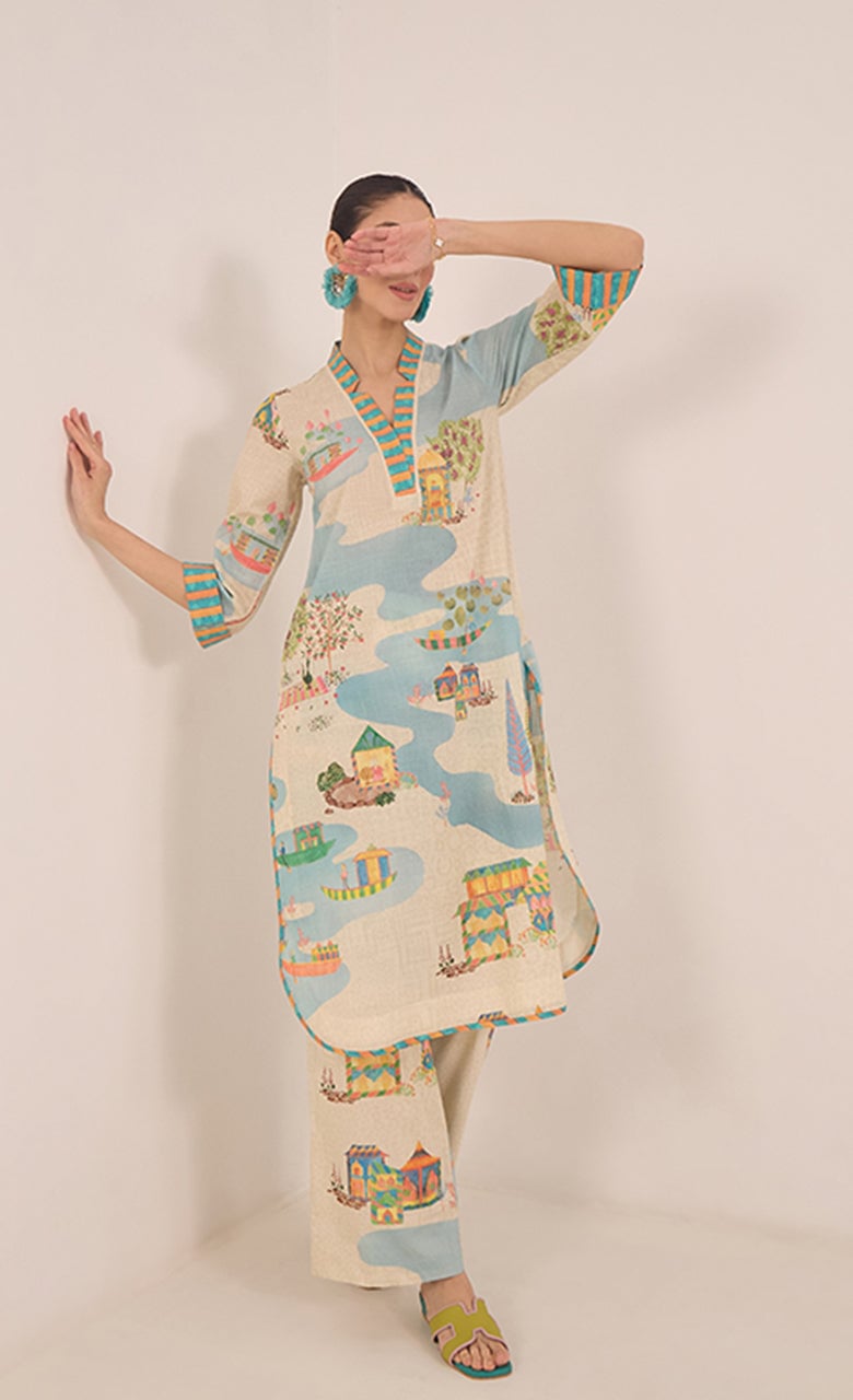 Cream Scenic Print Cotton Kurta and Wide-Leg Pants Set