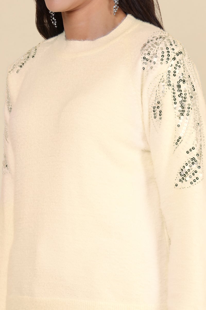 Ivory Sequin Sleeve Round Neck Pullover Sweater