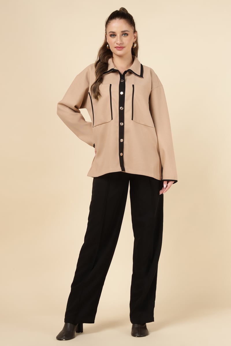 Camel Colorblock Button-Front Shirt with Contrast Trim