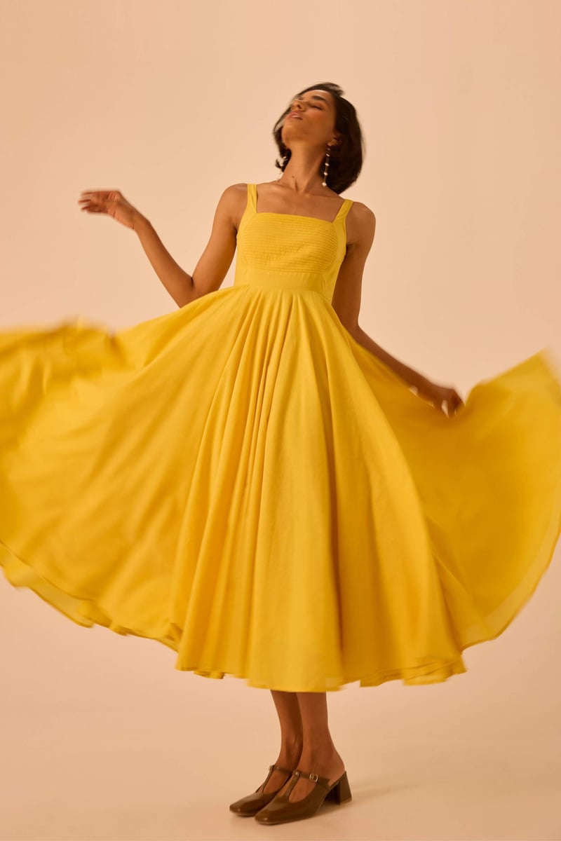Yellow Fit and Flare Square Neck Midi Dress