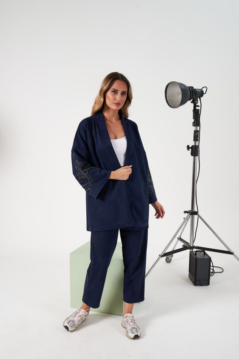 Navy Blue Beaded Embroidered Longline Shrug — THE LUXURY DRESSING