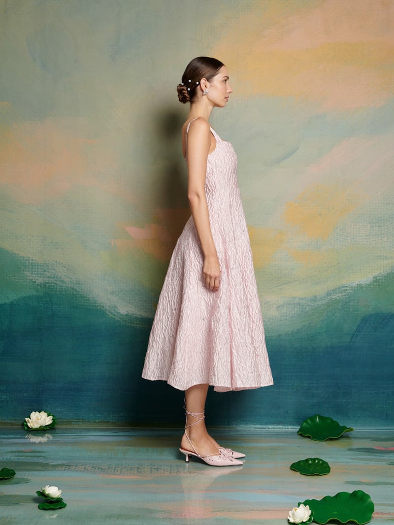Pink Jacquard Embellished Fit and Flare Midi Dress