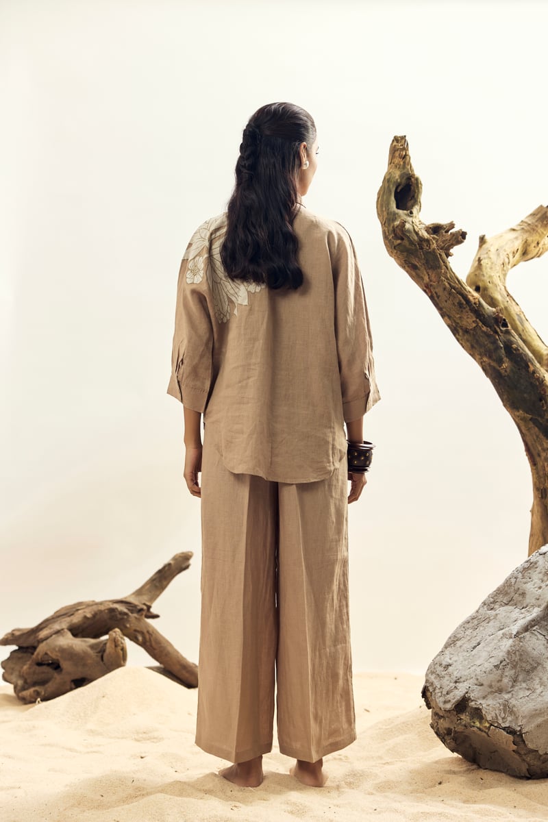 Khaki Linen Wide-Leg Trousers