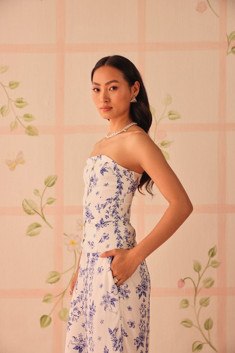 White/Blue Floral Wide-Leg Crepe Trousers