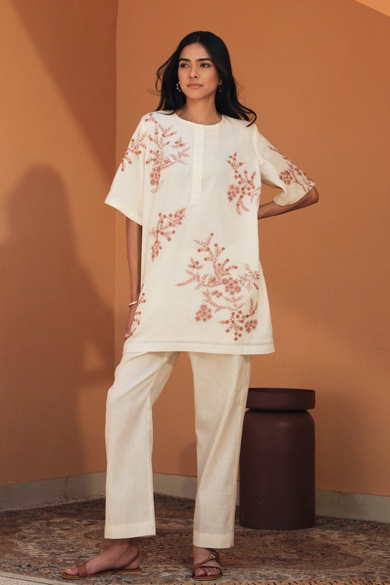 Off-White Floral Mul Mul Co-ord Set with Pants