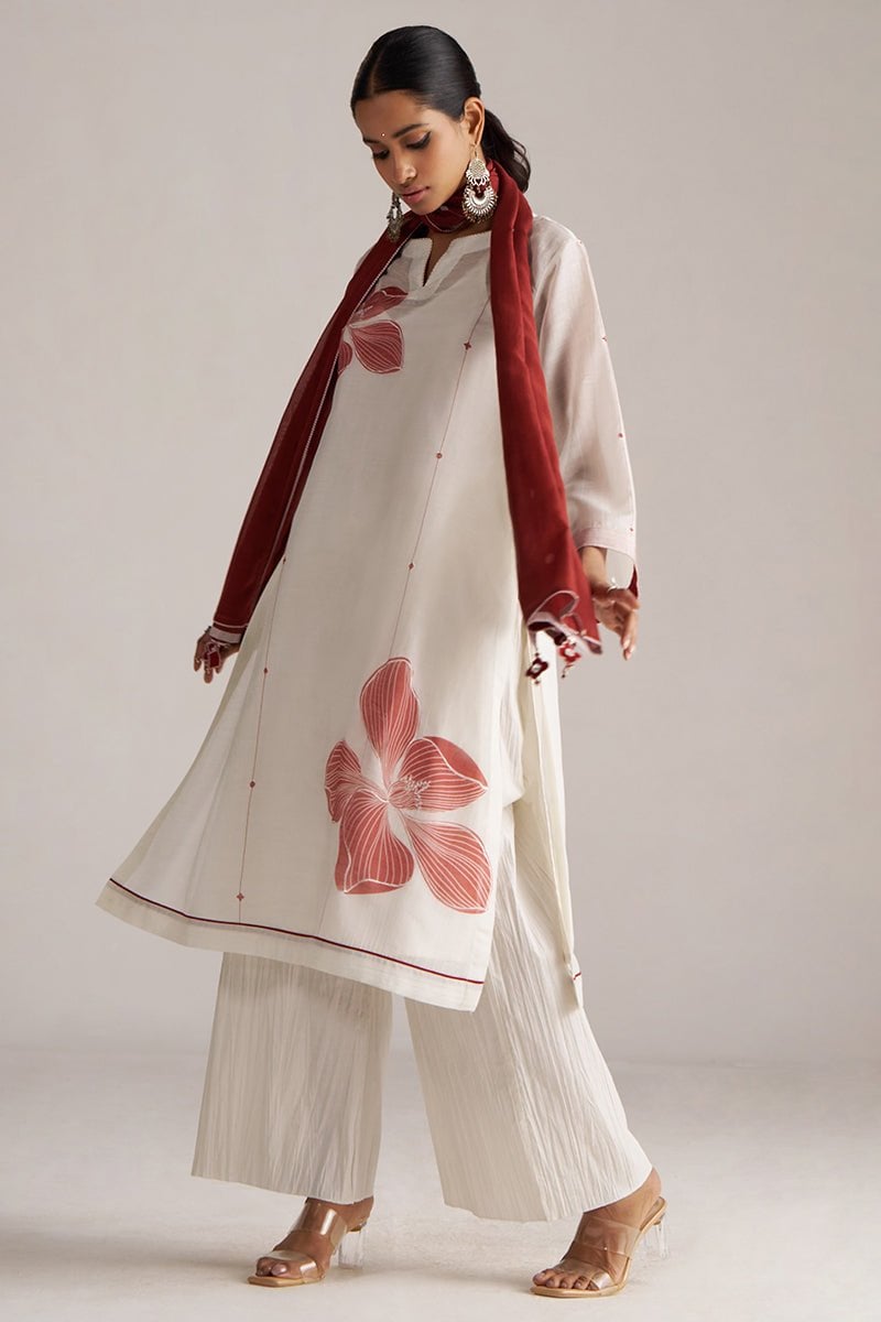 Ivory and Maroon Printed Chanderi Kurta Set with Stole