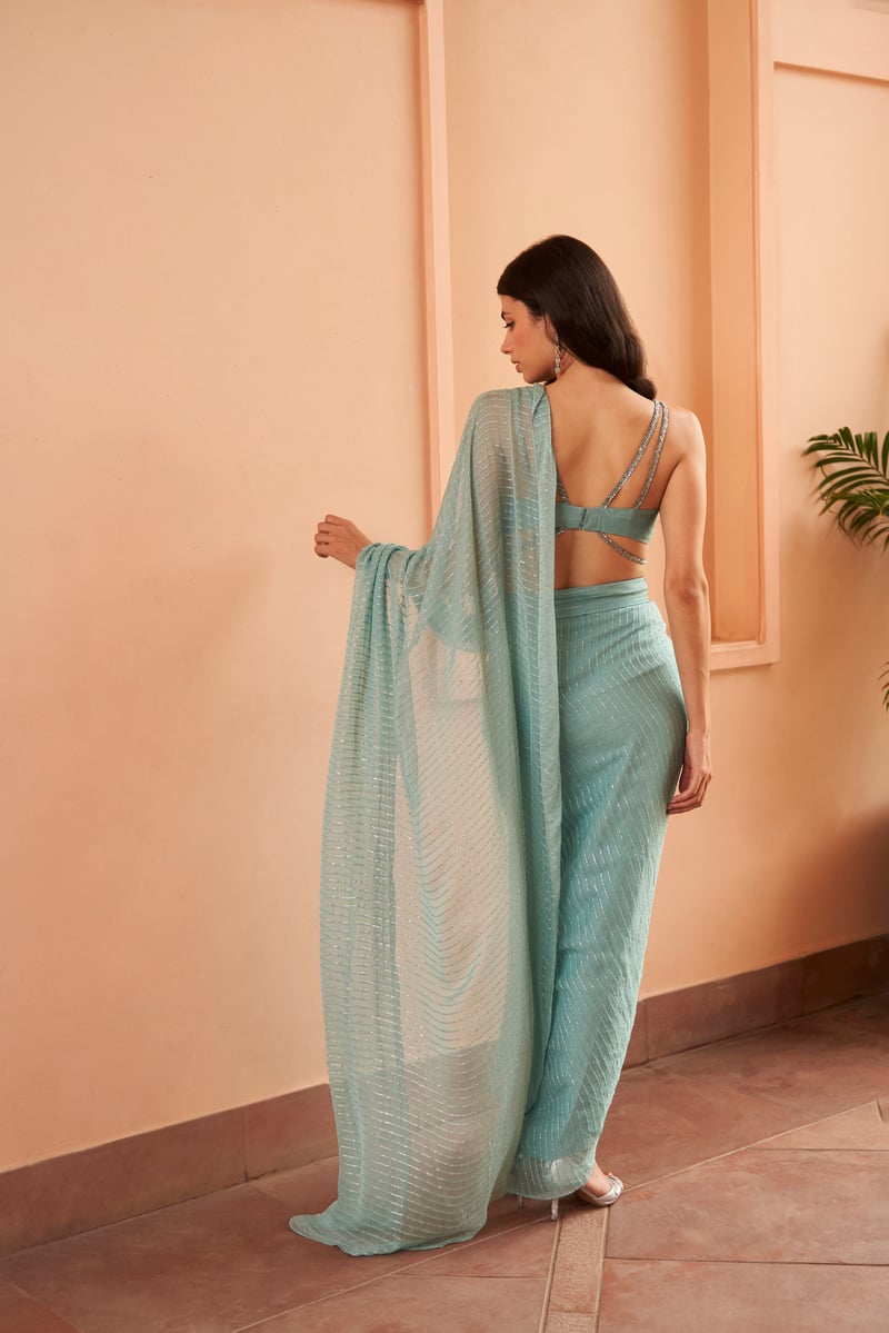 May Blue Pre-Draped Saree Set with Sequin Blouse