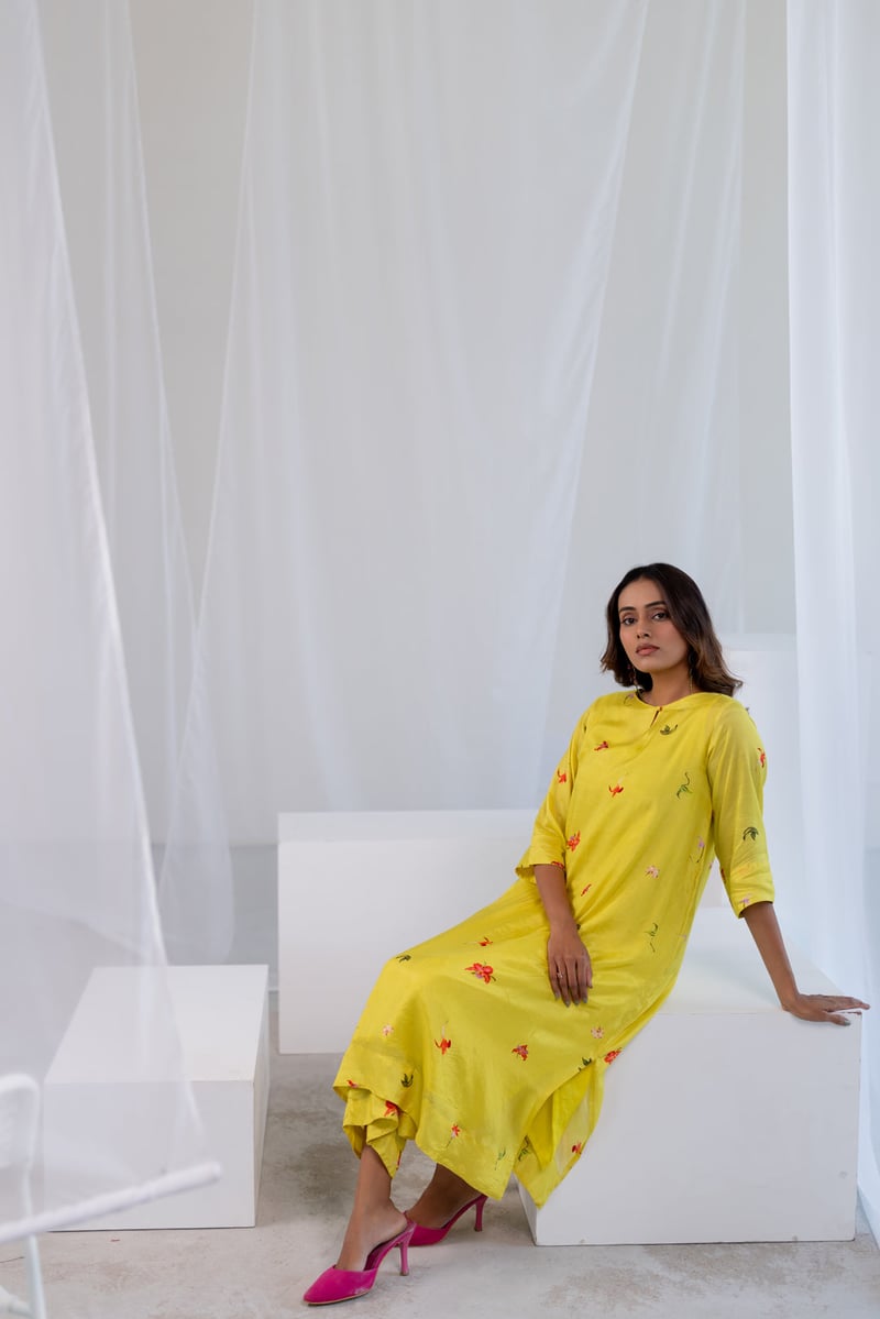 Lime Green Silk Voile Floral Printed Kurta Set with Pants