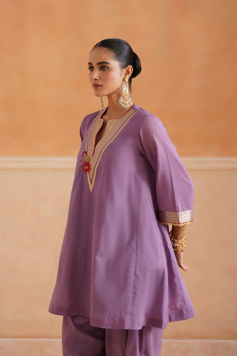 Lavender Chanderi Embroidered 3-Piece Kurta Set